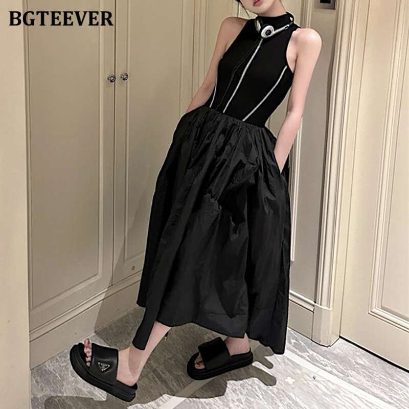 BGTEEVER Stylish Patchwork Sleeveless A-Line Fashion Slim Waist Women Vest Dress Spring Summer Ladies Vestidos
