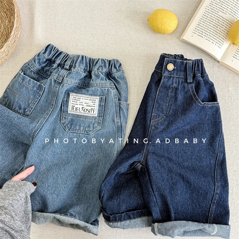 Spring 2025 Korean baby boy harem pants denim sticker pocket elastic childrens loose fit jeans 250414z