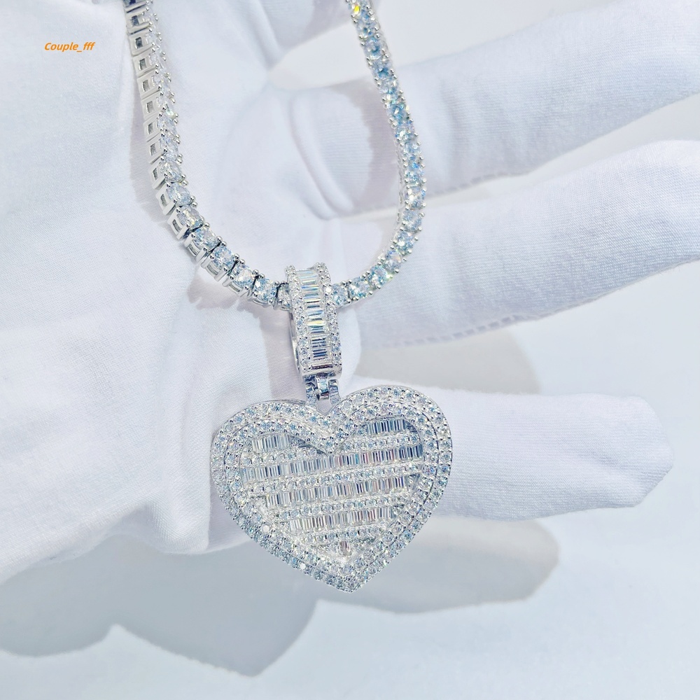 Men Women Necklace Moissanite Jewelry Hip Hop Heart Shape Pendant Baguette Vvs Diamond Custom 925 Sterling Silver Pendant