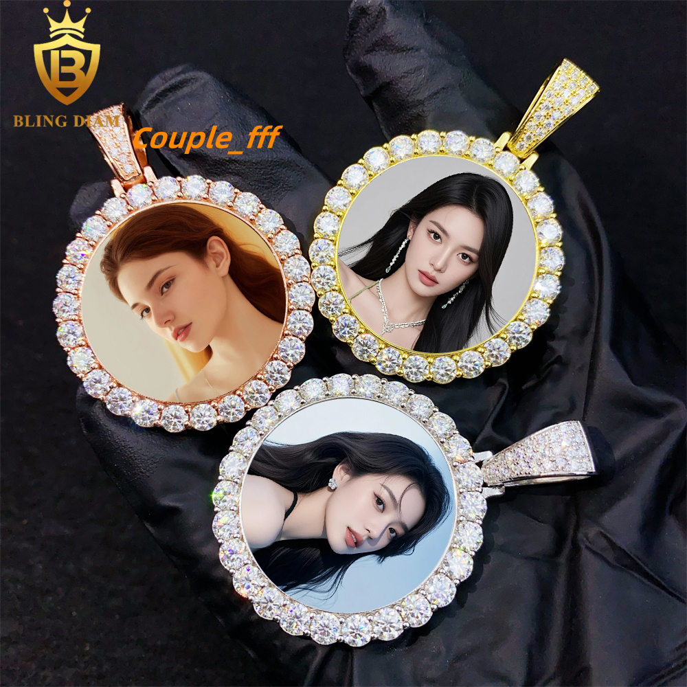 Blingdiam Jewelry Custom Photo Circle Pendant Bulk Vvs Moissanite Big Diamond 925 Sterling Silver Gold Plated