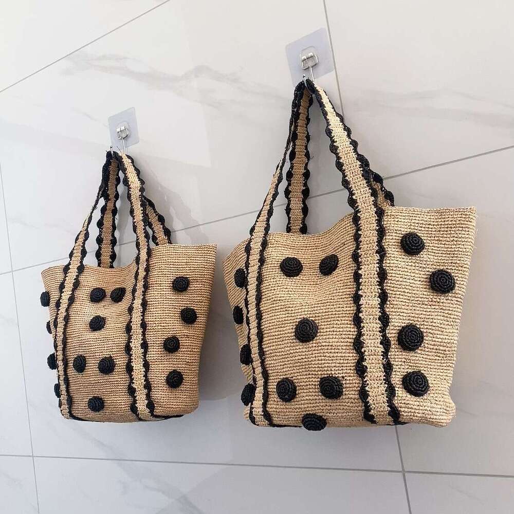 Ins Style Resort Beach Bag New Beach Vacation Tote Lafite Grass Hand Woven Straw Bag Black Polka Dot Small Fresh Shoulder Bag KQ