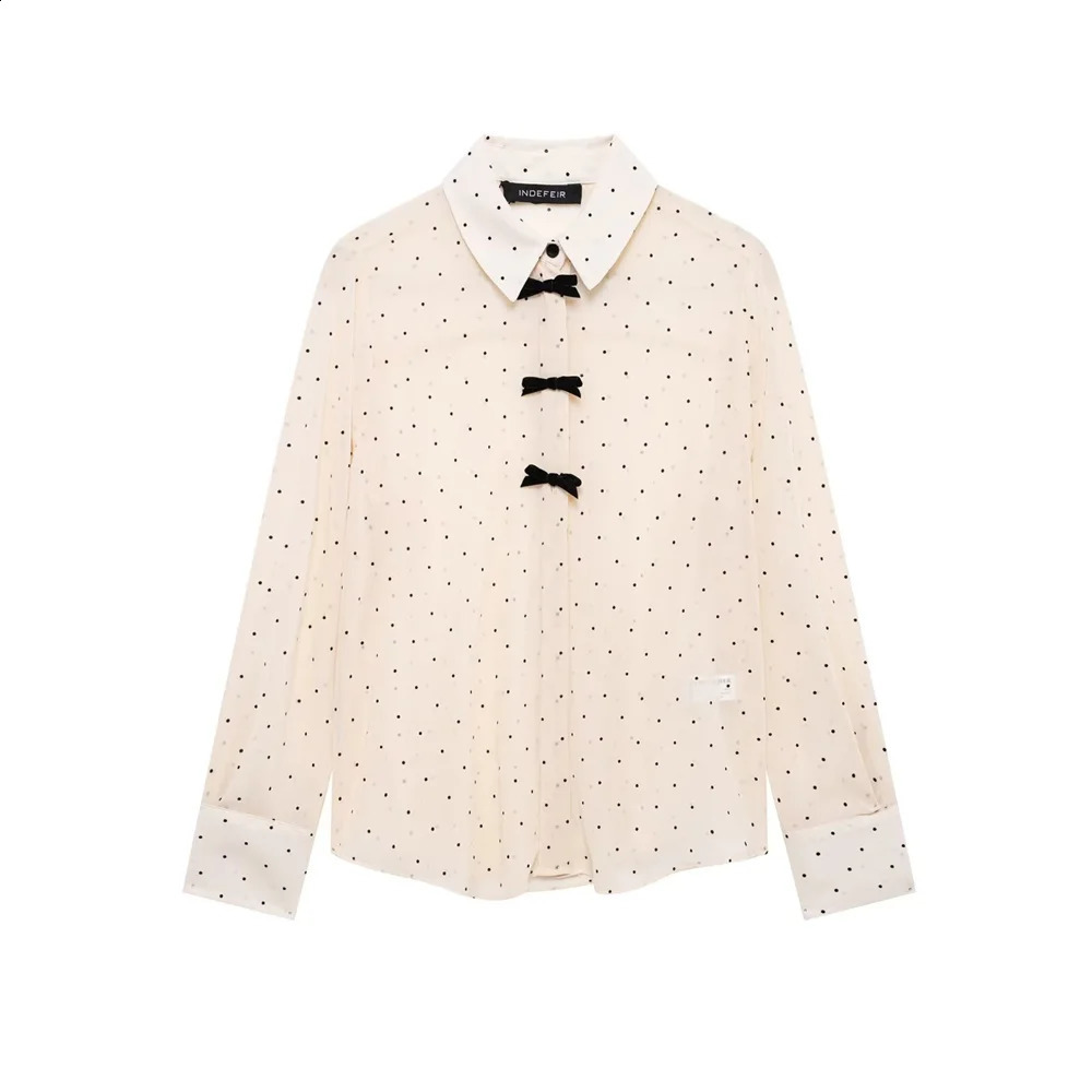 TRAF 2025 Womens Blouses in White Black and Beige Colors with Polka Dot Patterns Black Bow Details Long Sleeves and Collars 250421