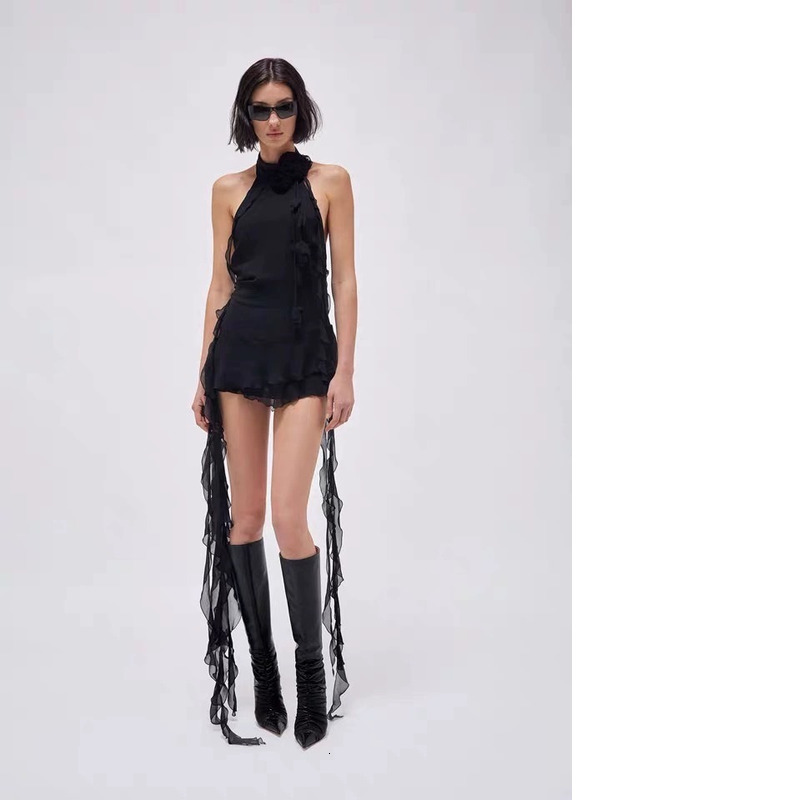 The Same Style As The Current Runway Show Blum Rine Irregular Lotus Leaf Three-Dimensional Rose Neck Hanging Ribbon Dress For Women