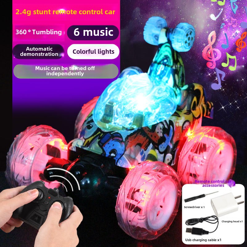 Free shipping Chargeable Remote-Controlled Tumble Stunt Car for Kids - sical Lights & Racing