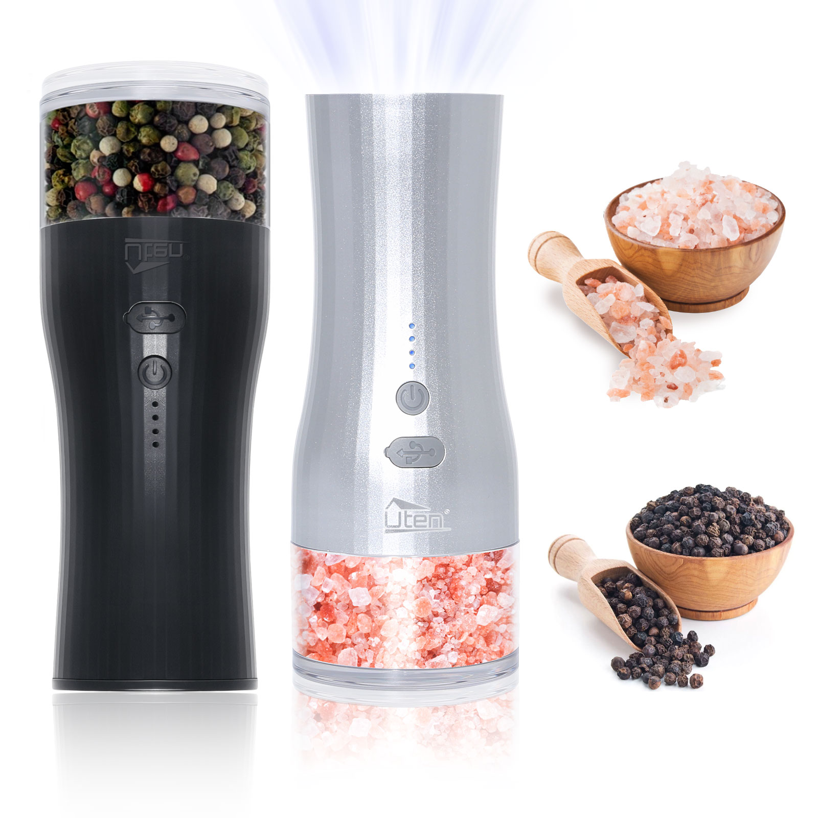 Salt & Pepper Grinder Set (Silver & Black) - Adjustable Ceramic Spice Mill with Humidity-Proof Tech