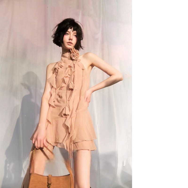 The Same Style As The Current Runway Show Blum Rine Irregular Lotus Leaf Three-Dimensional Rose Neck Hanging Ribbon Dress For Women