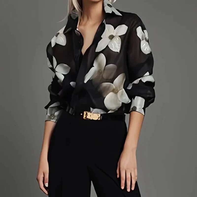 Spring Summer Long Sleeves Loose Floral Printed Lapel Blouses New Casual Button Office Shirts For Urban Lady