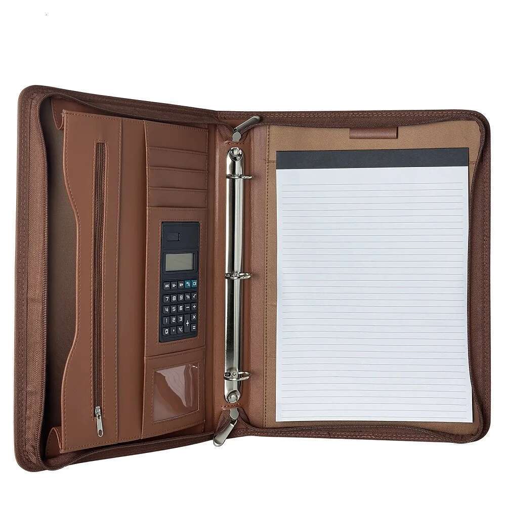 Portfolios 3-Ring Leather Business Folder Binder A4 Zippered With 10 Inch Tablet Sleeve Slot Solar Calculator Card Stora