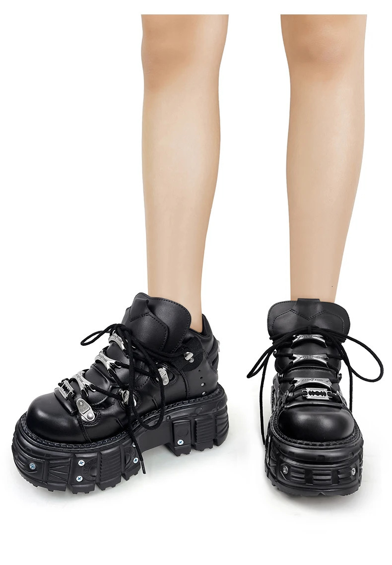 Women Shoes Punk Style Lace-up Heel Height 6CM Platform Shoes Woman Gothic Ankle Rock Boots Metal Decor Woman Sneakers251120