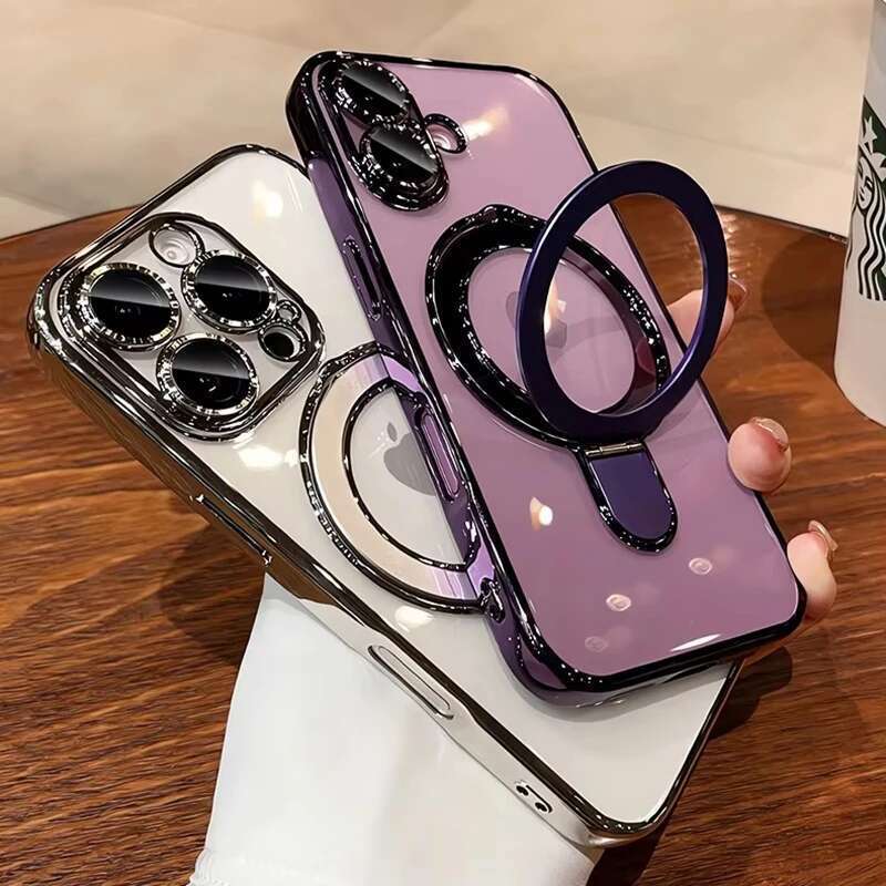 Transparent Plating Case iPhone 16 Plus 14 13 12 11 15 Pro Max For Magsafe Magnetic Ring Stand Phone Cover 07
