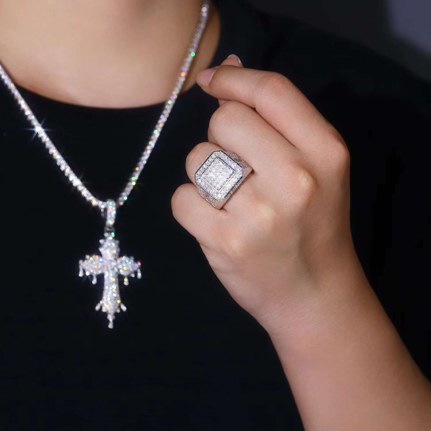 Full Ice Out Square Moissanite Ring S925 Sterling Silver 18K Gold Plated Mens Hip Hop Jewelry