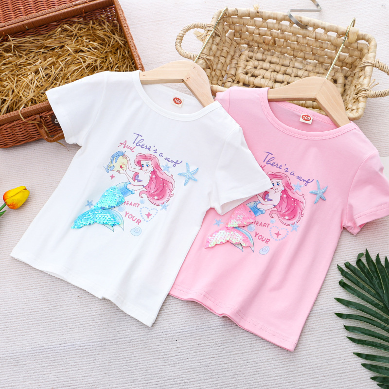 DISNEY Kids designer clothes Frozen Elsa princess cartoon printed T-shirt for baby girl summer children's clothes short-sleeved.