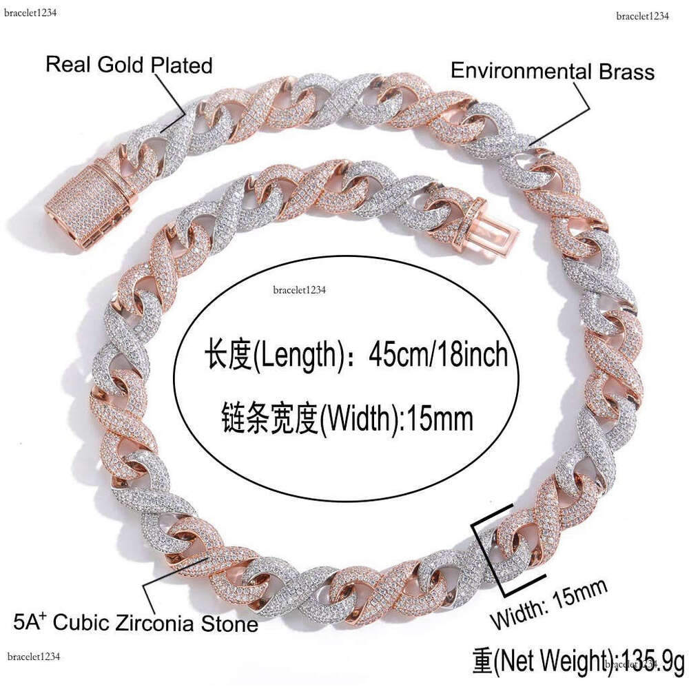 Luxury designer 15mm 8-figure Cuban Chain Rose Gold two-tone Hip Hop Ice Out VVS Moissanite Necklace Bracelet with free shipping
