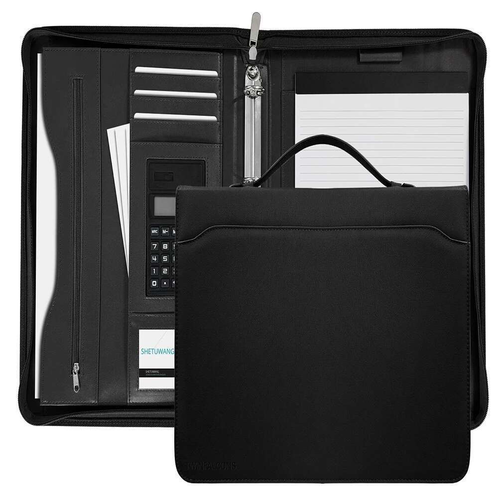 Portfolios 3-Ring Leather Business Folder Binder A4 Zippered With 10 Inch Tablet Sleeve Slot Solar Calculator Card Stora
