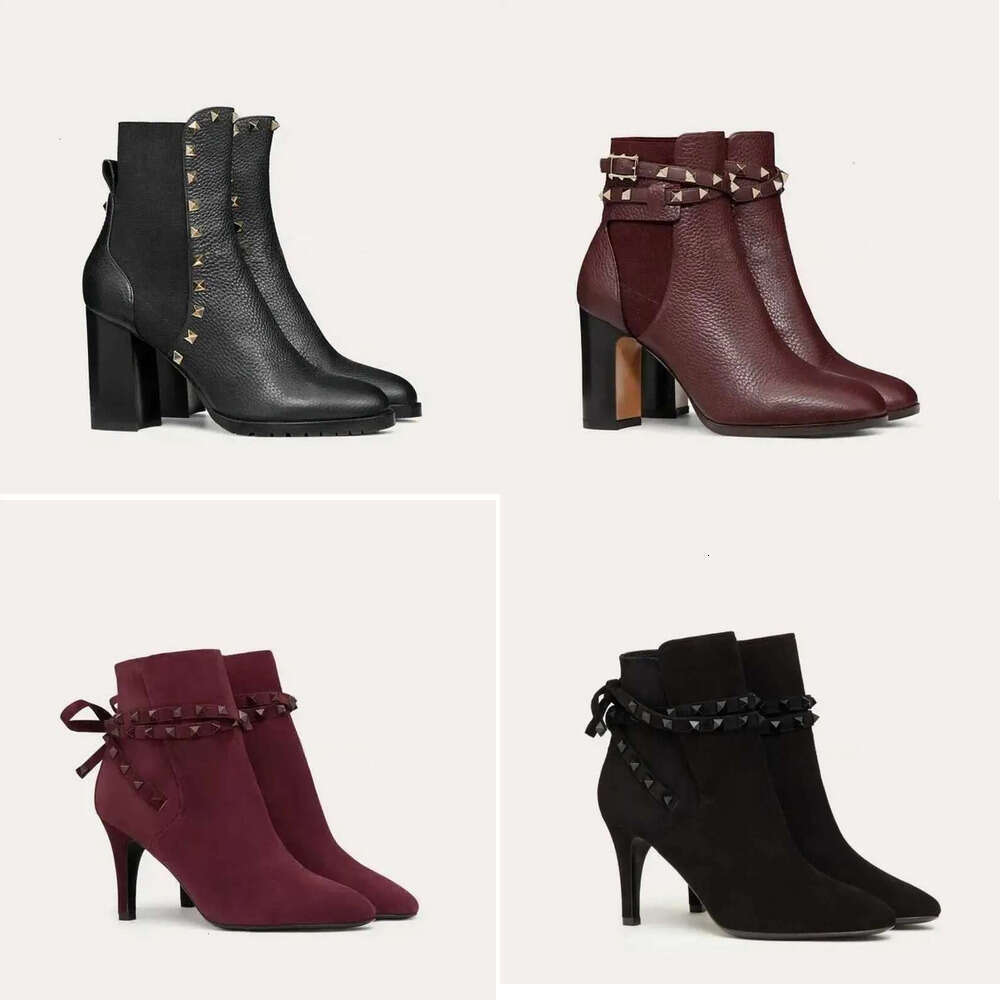 Designer shoes women luxury Ankle Boot Womens Party Dress and Motorcycle knight boots autumn Winter Rivews Chunky Heel Studded Suede Leather Chunky Sole Booties