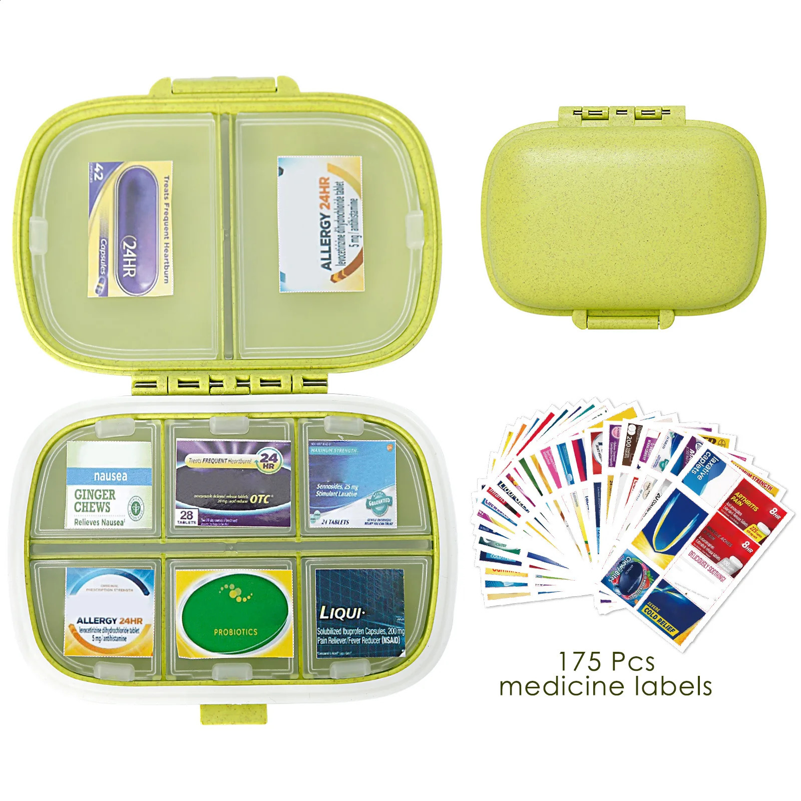 Pill Organizer 8 Compartments Storage Container w/ 175 Labels Medication Moisture Proof Storage Mini Case Travel First Aid Kit R250423