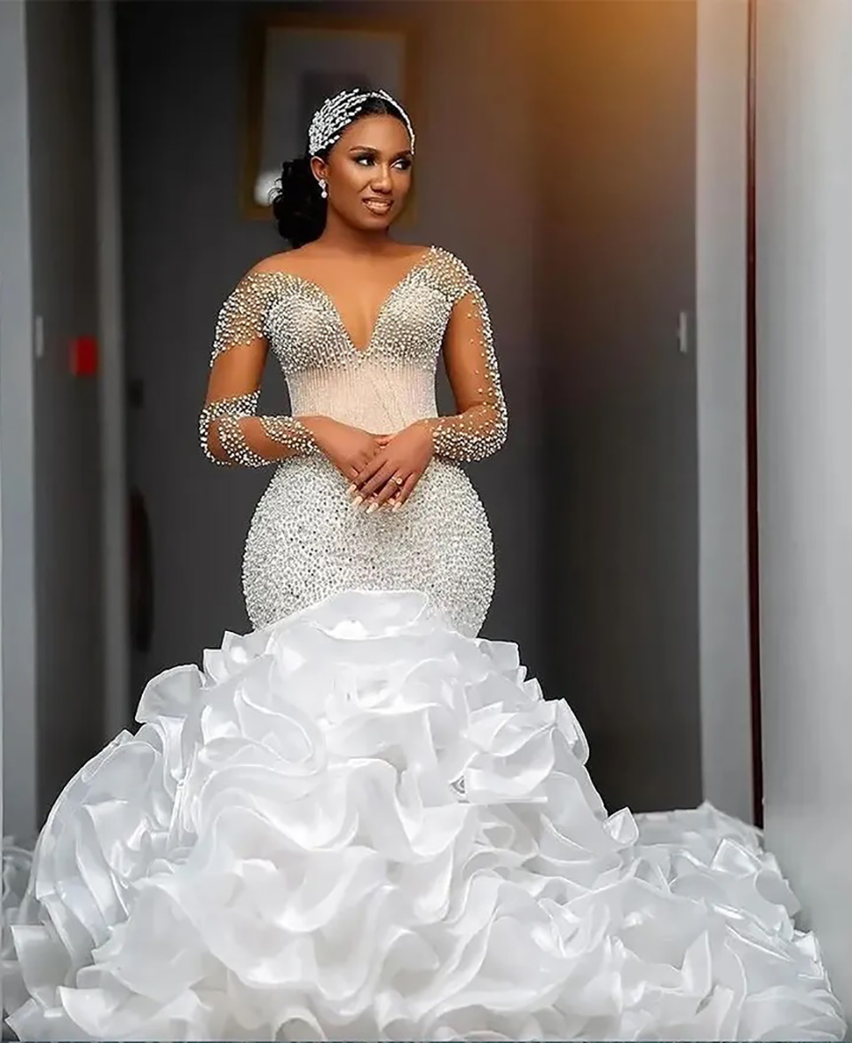 Mermaid Dress Bride Bridal Long Sleeves Rhies Beaded Pearls Crystals Ruffled Wedding Gowns For Black Women Marriage
