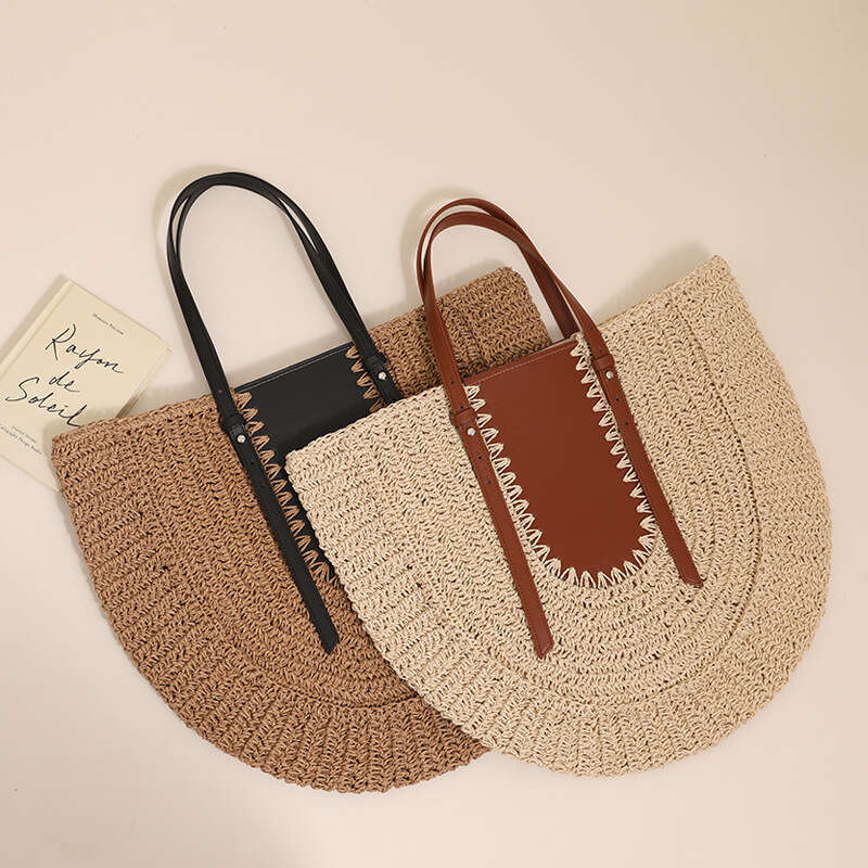 Ins Style Resort Beach Bag Half Circle Large Capacity French Single Shoulder Grass New Niche Splicing Hand Held Woven Bag Women S Beach Vacation Sand 