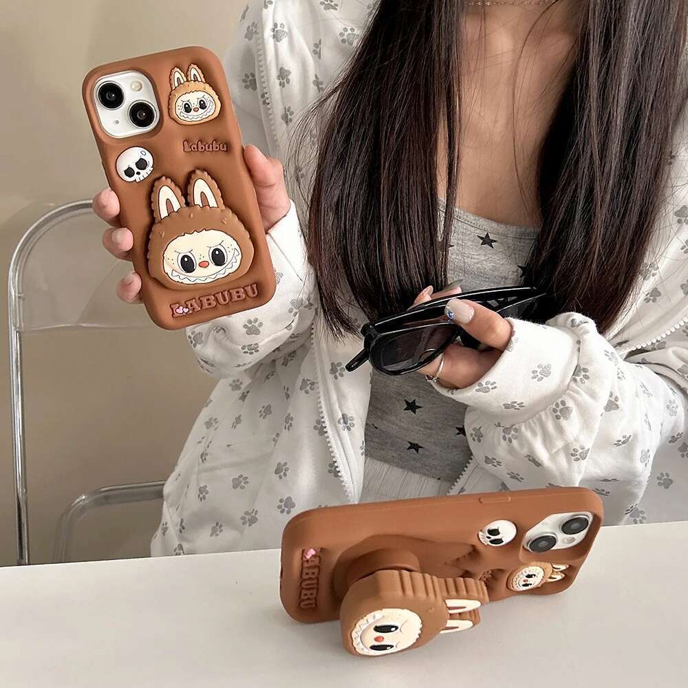 Kawaii Labubu Monsters Cover With Stand Holder Soft Silicone Case for iPhone 15 14 13 12 11 Pro Max