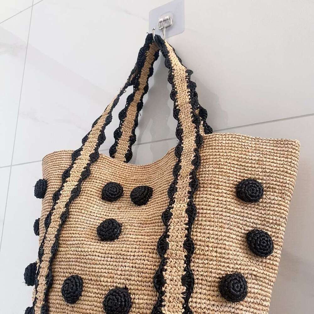 Ins Style Resort Beach Bag New Beach Vacation Tote Lafite Grass Hand Woven Straw Bag Black Polka Dot Small Fresh Shoulder Bag KQ