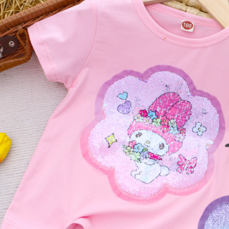 DISNEY Kids designer clothes children's summer clothes women's short-sleeved T-shirt cartoon color-changing sequin cotton base casual top.