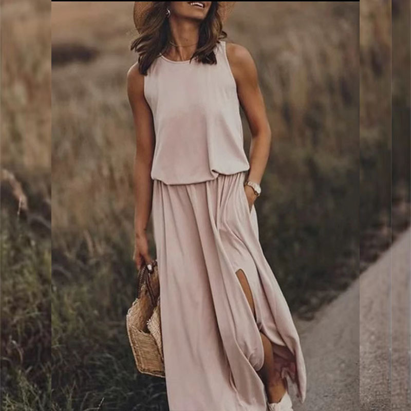 DD3240 Top summer new holiday style solid color round neck sleeveless sling lantern