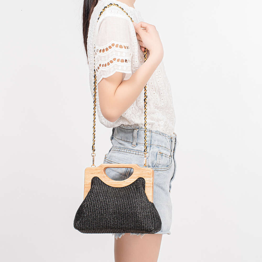 Ins Style Resort Beach Bag ENSPT Wooden Handle Grass Woven Vacation Handbag Beach Crossbody Shoulder Bag Women KQ