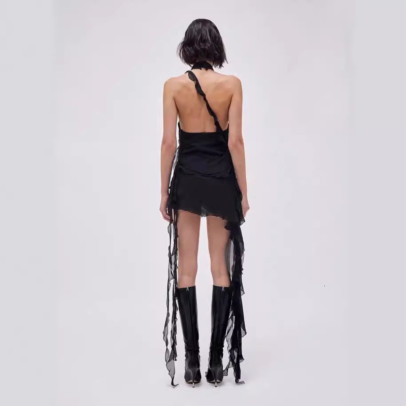 The Same Style As The Current Runway Show Blum Rine Irregular Lotus Leaf Three-Dimensional Rose Neck Hanging Ribbon Dress For Women