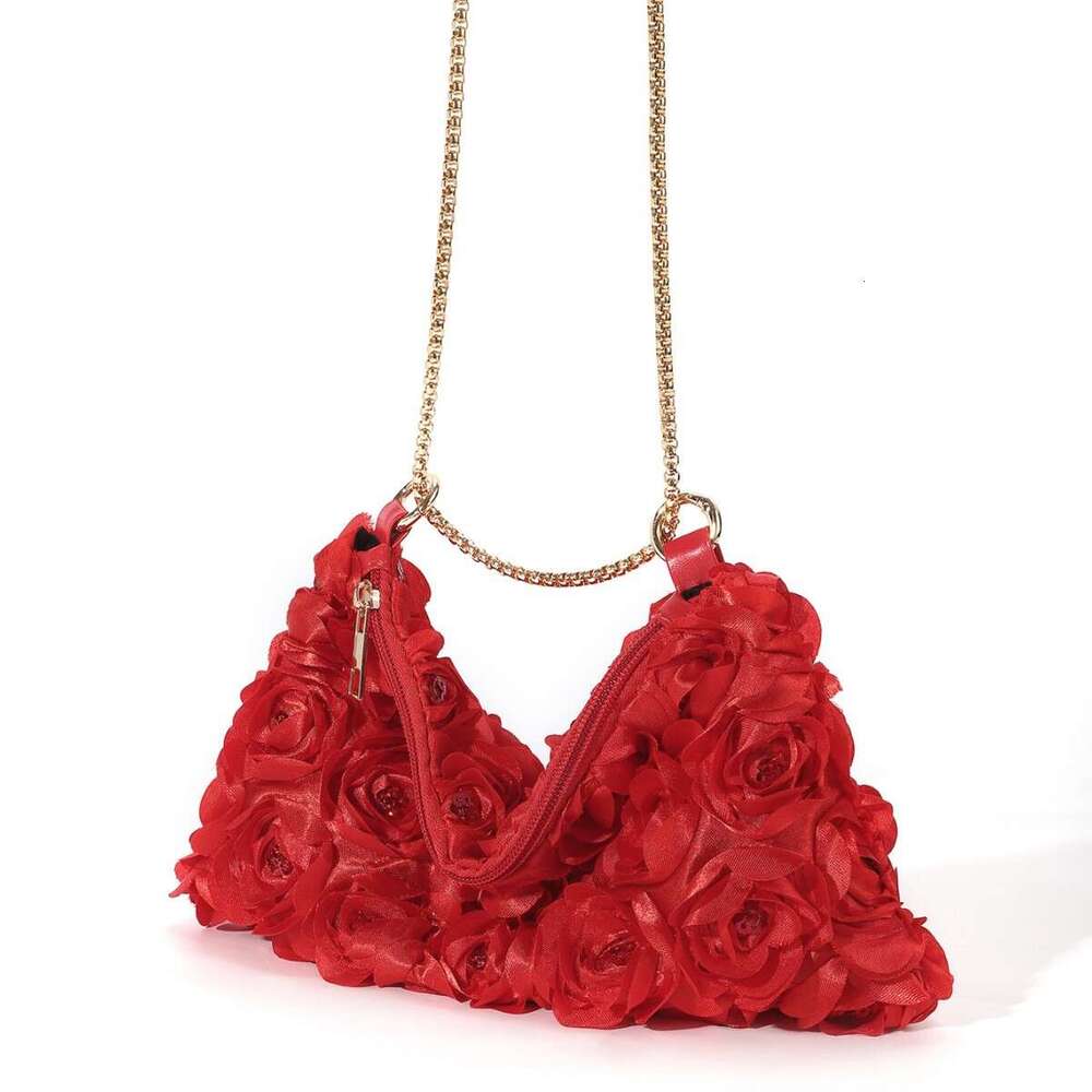 A Niche Three-Dimensional Rose Blossom Sequin Colored Ding Chain Zipper Underarm Crescent Shaped Women's Dinner Bag
