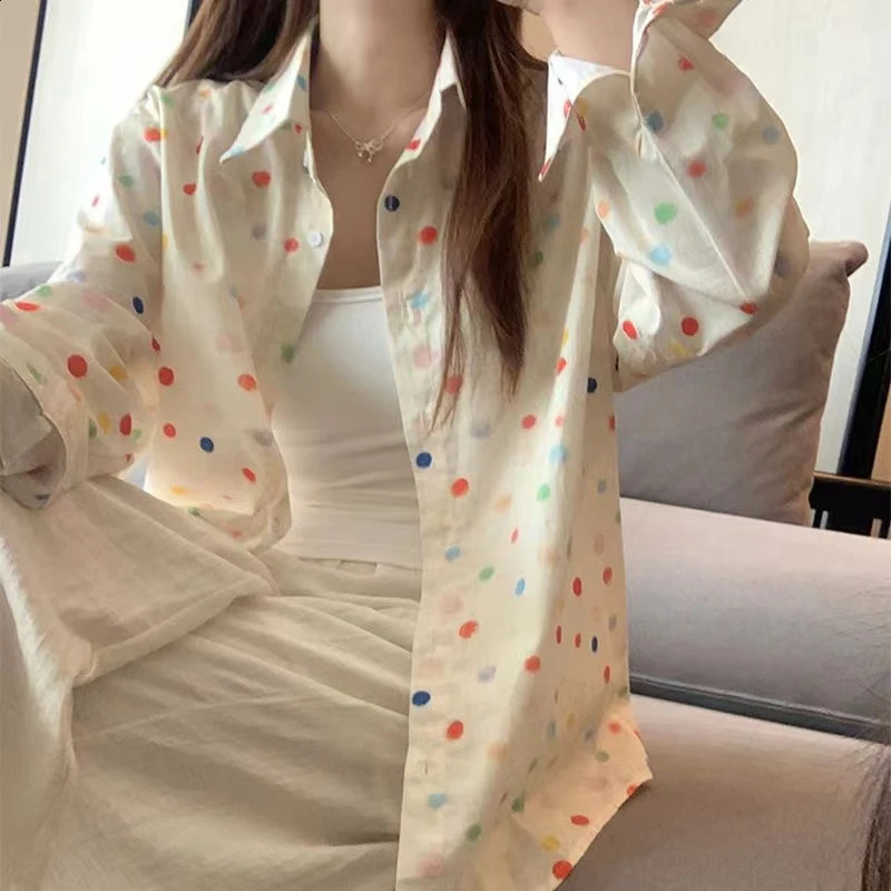 Fashion Polka Dot Printing Women Shirt Loose Sweet Casual Blouses Office Women Summer Long Sleeve Sunscreen Lady Tops Clothes 250421