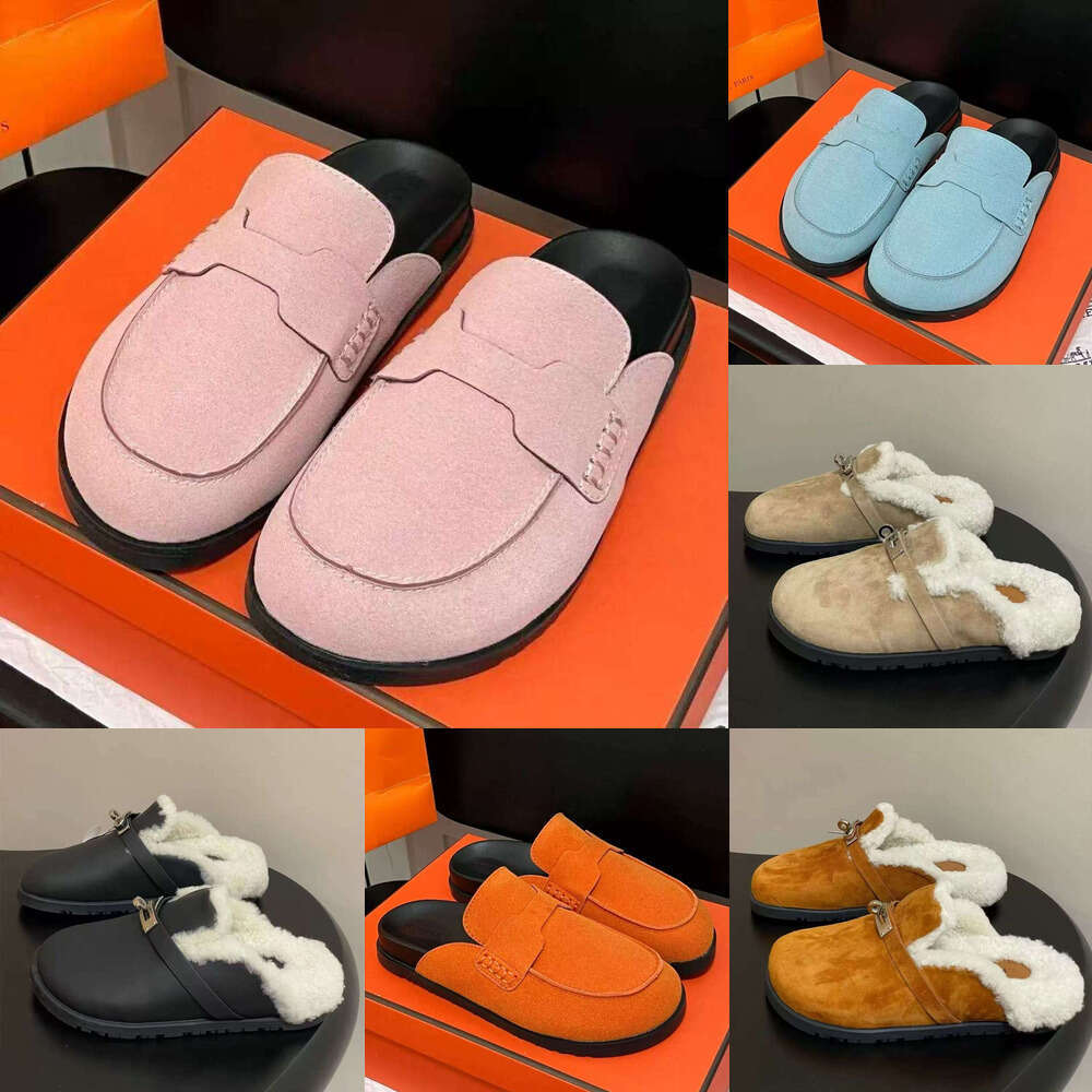 Designer shoe Luxury clog Mule slippers suede H slipper calfskin woman shoe flat beige indoor slide beach sandals chamois casual mule boken jiuytwool slippers