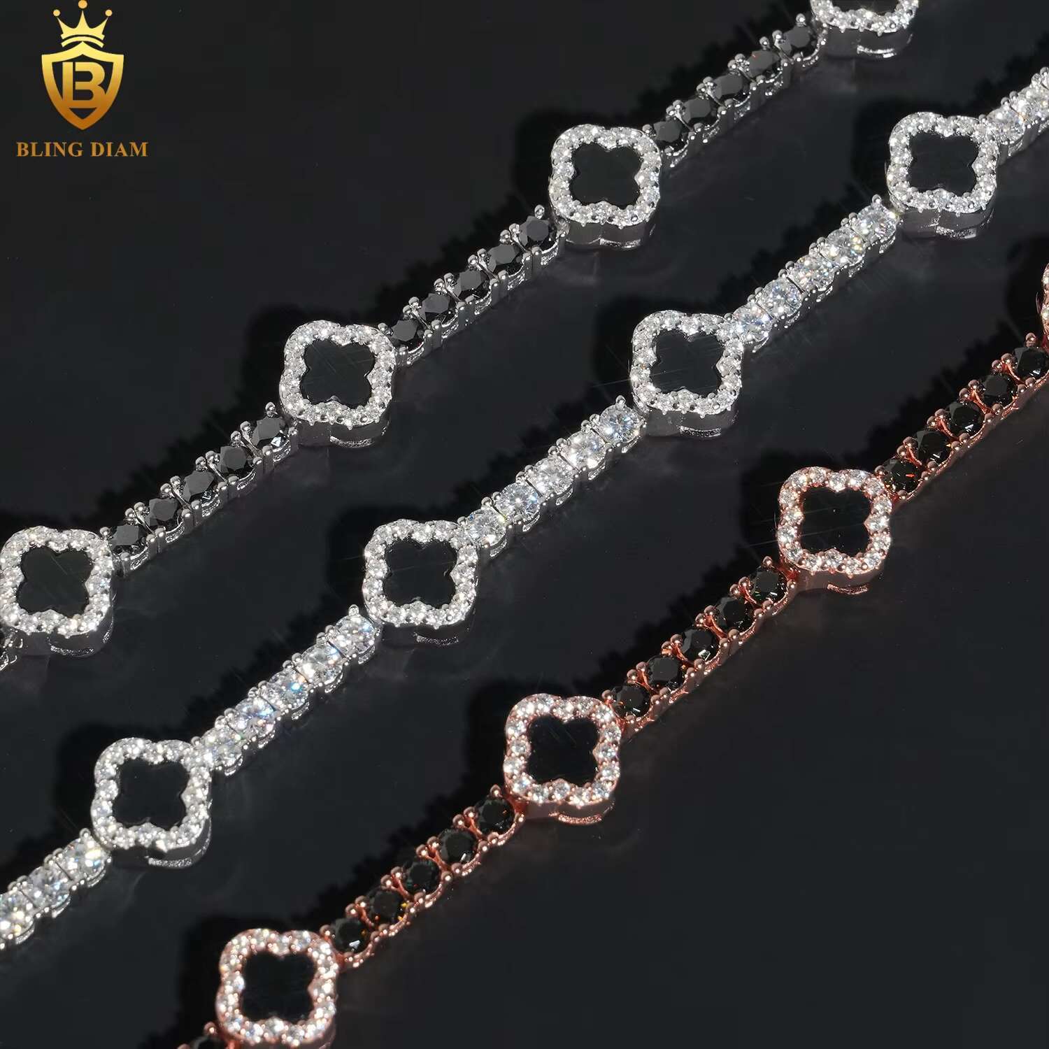3mm New Design 925 Sterling Silver Vvs Black Moissanite Clover Tennis Chain Bracelets Gra Certificate