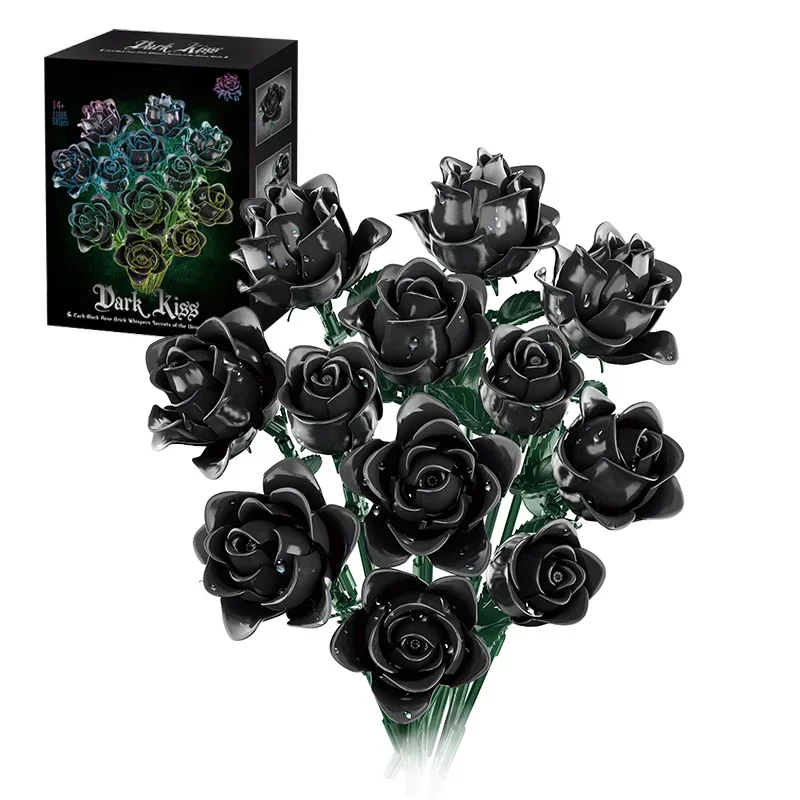 12 Black Rose Building Block Plant Bouquet Simulated Roses Flowers Gothic Decoration Home Display Holiday Gifts Kids Toys