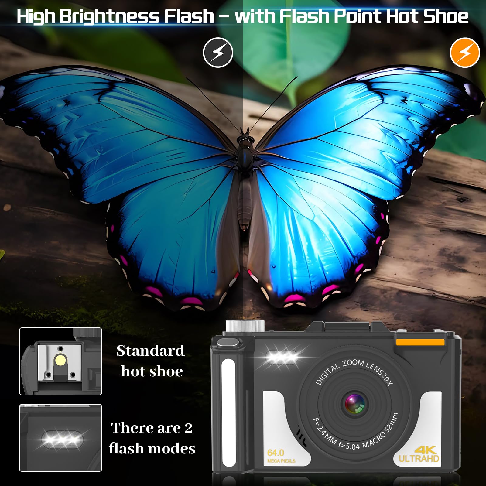 4K Digital Camera for Photography,Autofocus,64MP Vlog Camera for YouTube, 3" 180° Flip Screen, 20X Digital Zoom Point Compact Camera, with Flash 