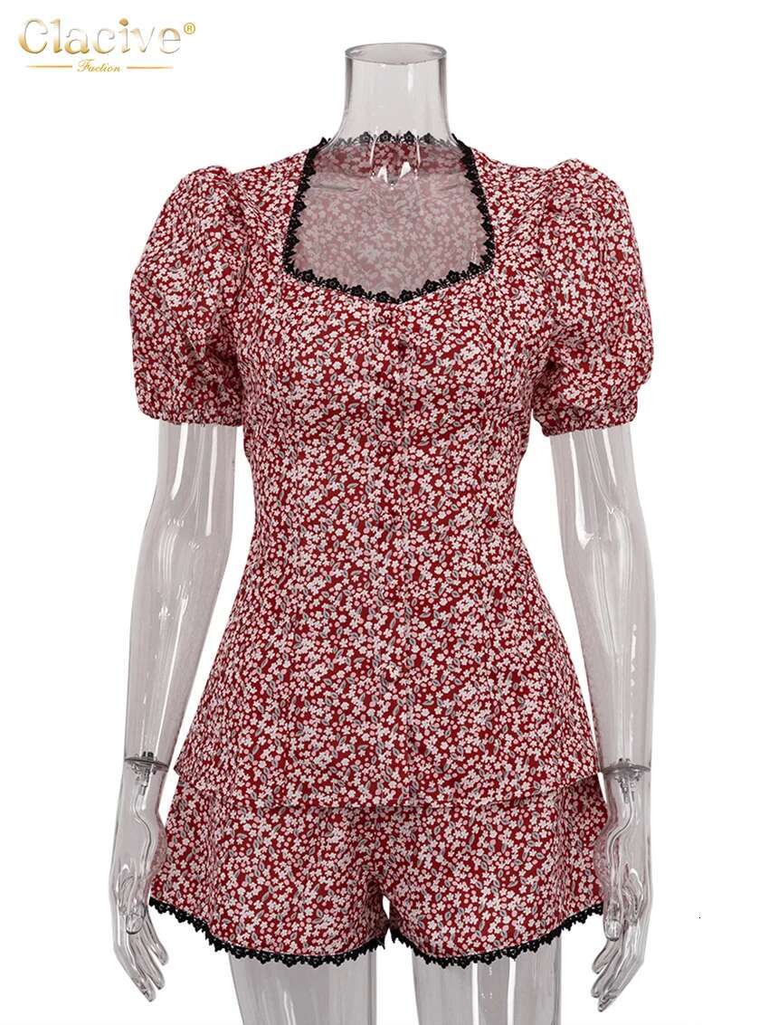 Clacive Sexy Slim Print 2 Piece Sets Women Outfit Summer Short Sleeve Shirt With High Waist Shorts Set Female Streetwear