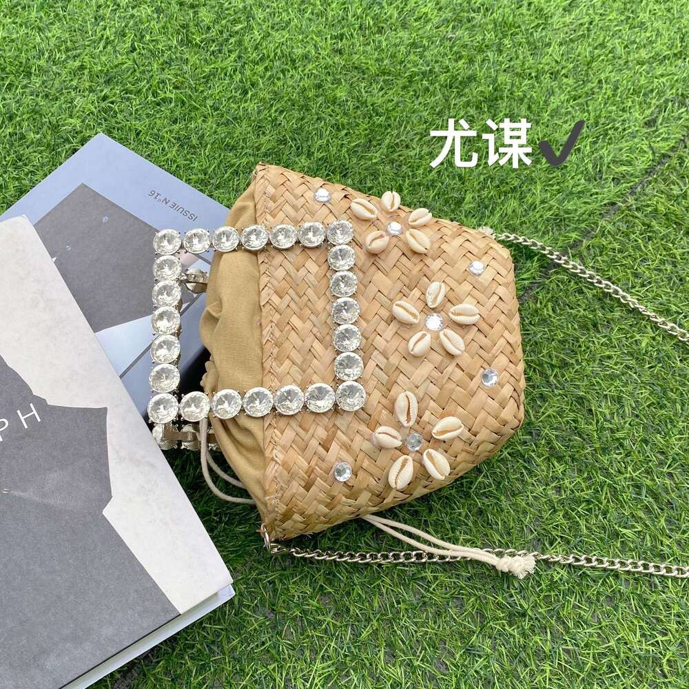 Ins Style Resort Beach Bag Vacation Beach Weaving Grass Woven Vegetable Basket Shining Diamond Love Flower Shell Water Bucket Hand Carrying Crossbody 