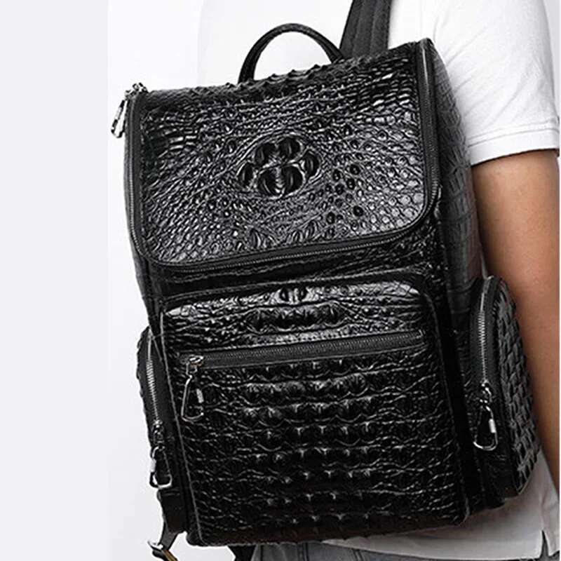 Fashion Alligator Pattern Genuine Leather For Men Business 15.6 Inch Laptop Rucksack School Computer Backpack Bag