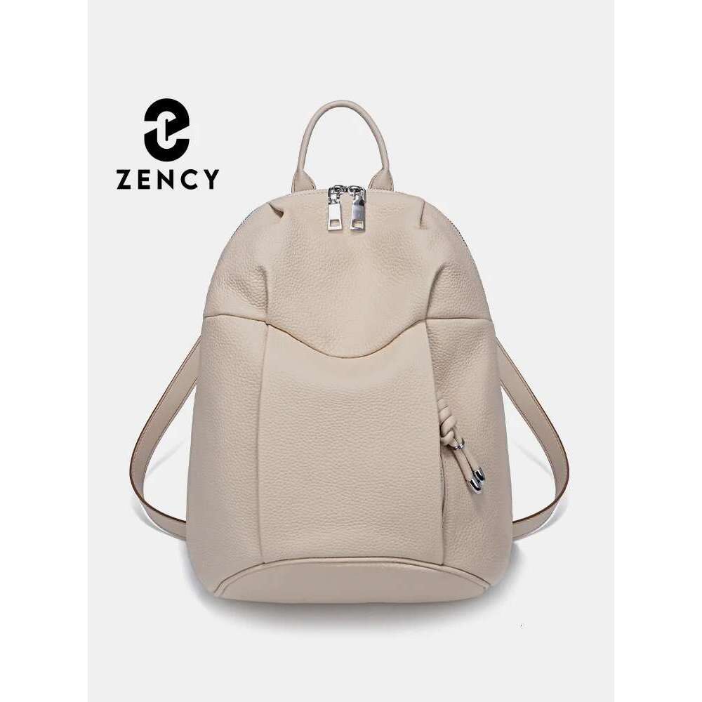 Zency Women's Leather Backpack New Designer Large Capacity Travel Knapsack Girls String Zipper Satchel Khaki Bookbag