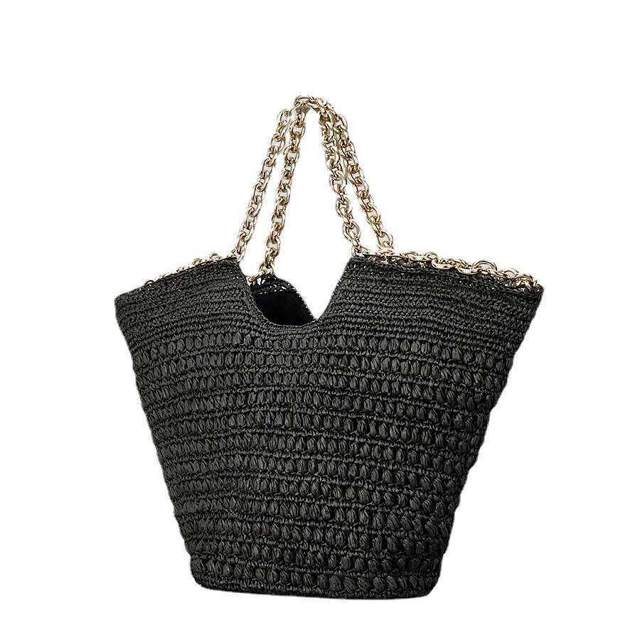 Ins Style Resort Beach Bag Handmade Paper Rope Woven Tote Bag Women S Niche Hardware Chain Handbag Beach Vacation Shoulder Bag KQ