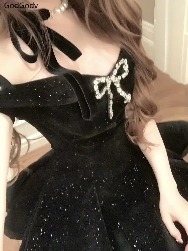 Black French Vintage Elegant Woman Dress Gothic Off Shoulder Retro Mini Dress Female Fairy Birthday Party Chic Outfits 251120