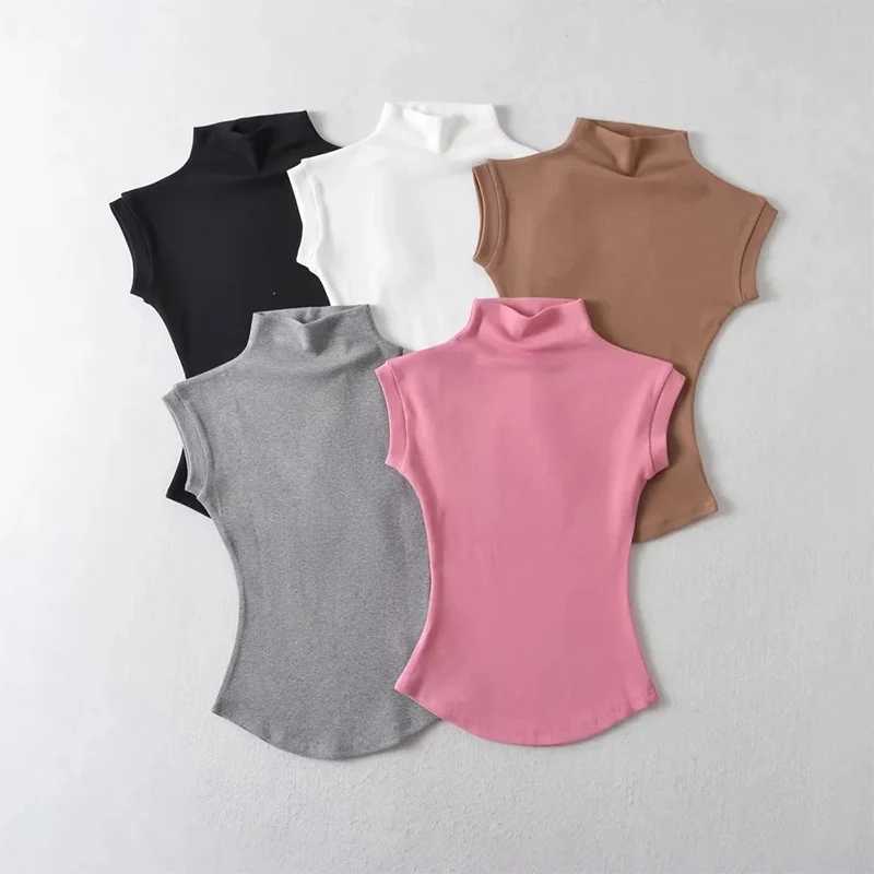 Womens Summer Sexy Turtle Neck Sleeveless T-shirt Top Pure Thin Slim Fit Pulling Shoulder Strap Three way Womens Street Clothing Basic Three way M2504