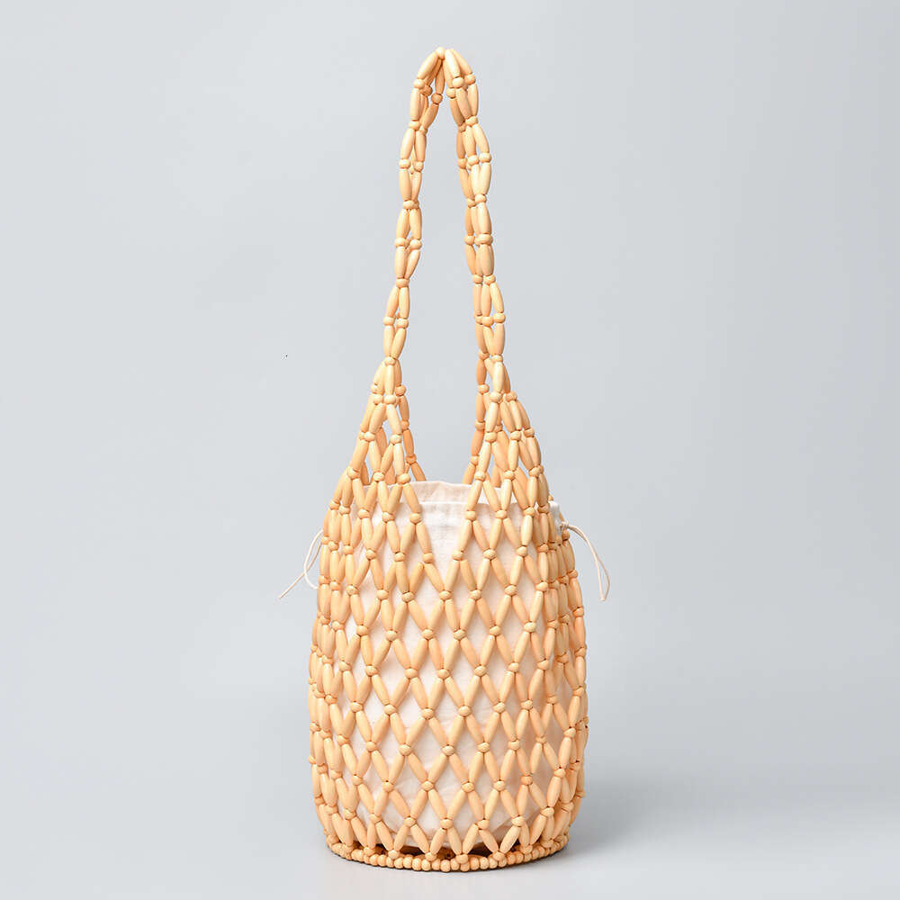 Ins Style Resort Beach Bag Beach Vacation Bucket Single Shoulder Wooden Bead Hand Woven Bag Women S Beach Bag KQ
