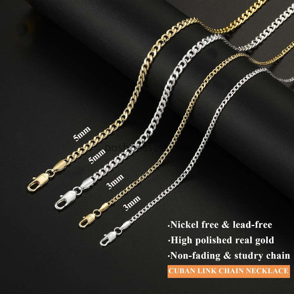 3/5Mm 14K Genuine Gold/Sier Plated Chain Men Boys, Stainless Steel Cuban Chain, Sturdy And Non Fading Necklace, Jewelry Gift For Him, 16/18/20/22/24 I