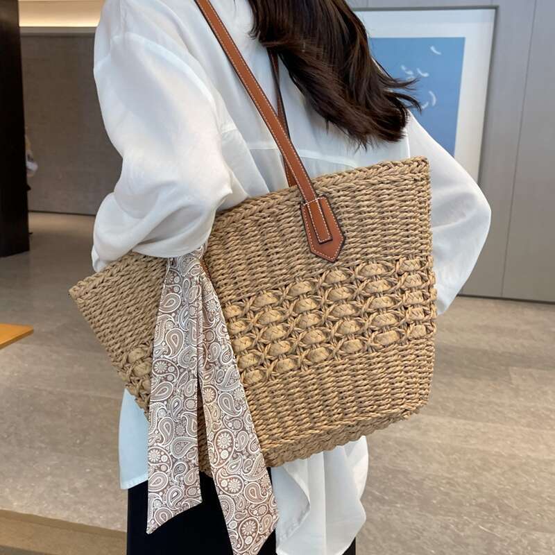 Ins Style Resort Beach Bag Large Capacity Straw Women New Style Trendy Summer Versatile Woven Single Shoulder Tote Bag For Beach Vacation Sand KQ
