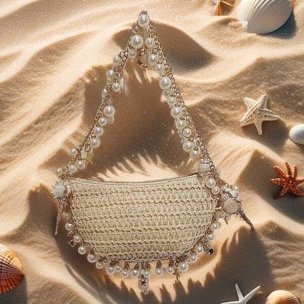 Ins Style Resort Beach Bag Seaside Vacation Tourism Conch Pentagram Handmade Grass Woven Semi Circular Fairy Tote Bag Armpit Handbag KQ