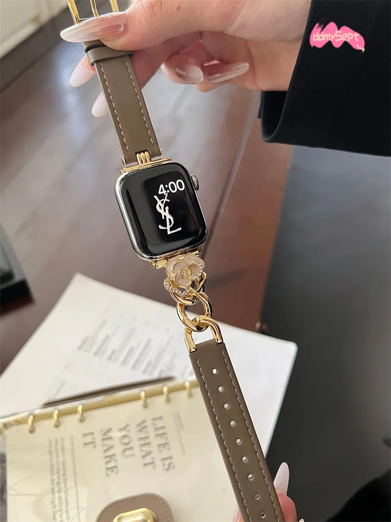Elegant Leather Apple Watch Band with Camellia Flower Design - Fashionable Straps for iWatch Series ddmysept
