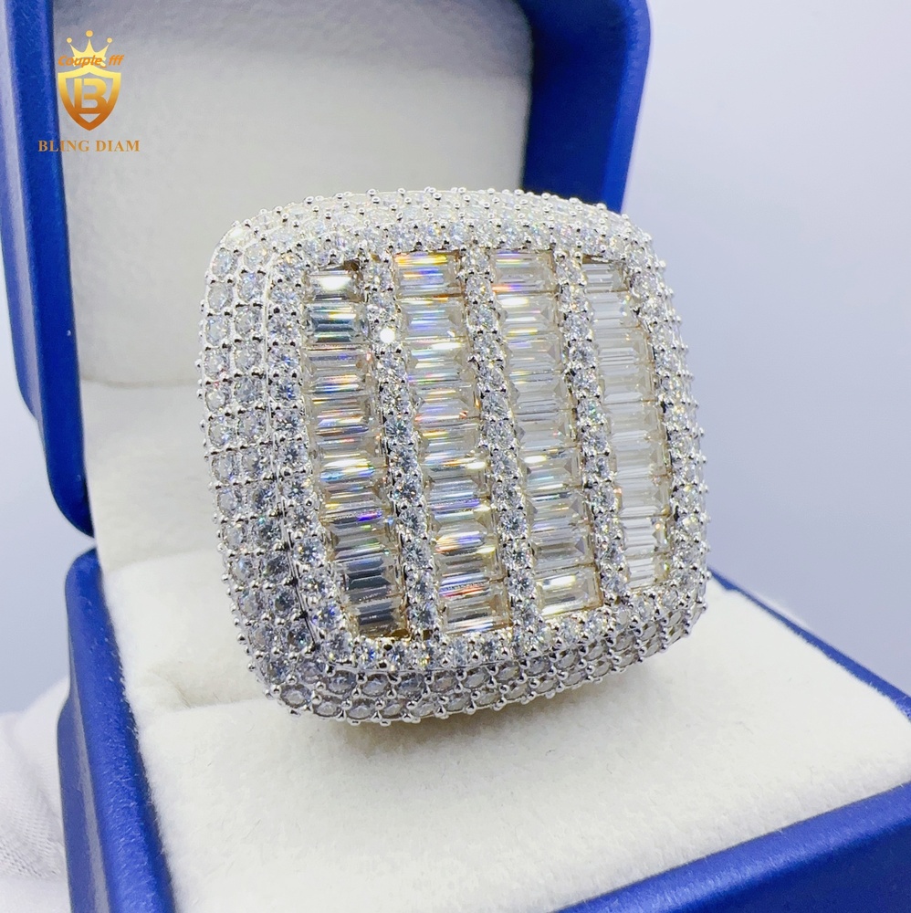 Custom Hip Hop Jewelry VVS Moissanite Big Square Design Hip Hop Ring 925 Sterling Sliver Fashion Ring