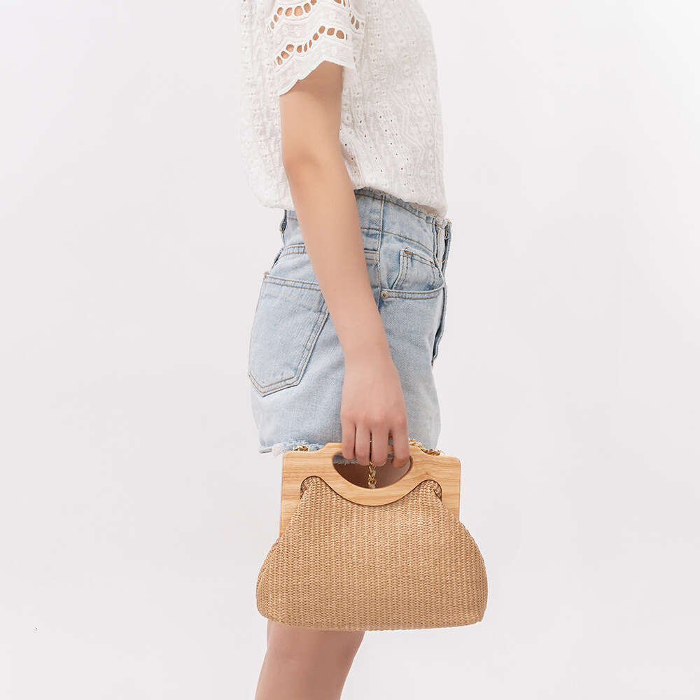 Ins Style Resort Beach Bag ENSPT Wooden Handle Grass Woven Vacation Handbag Beach Crossbody Shoulder Bag Women KQ