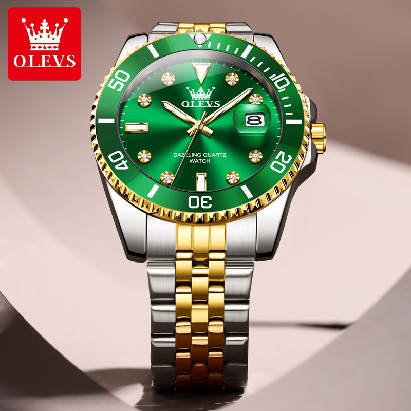 OLEVS Brand Designer Men's Green Water Ghost Style Men's Watches Men's Perpetual Calendar Steel Band Quartz Watches Luxury Watches Free