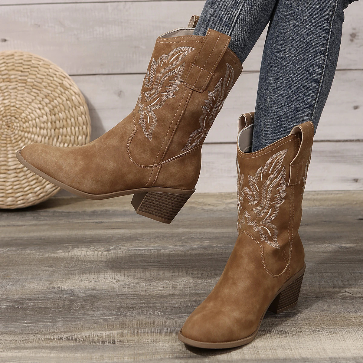 Shoes for Women Embroidered Western Cowboy Boots Women Autumn Pointed Toe Thick Heel High Knee Boots Woman Botas De Mujer 250418